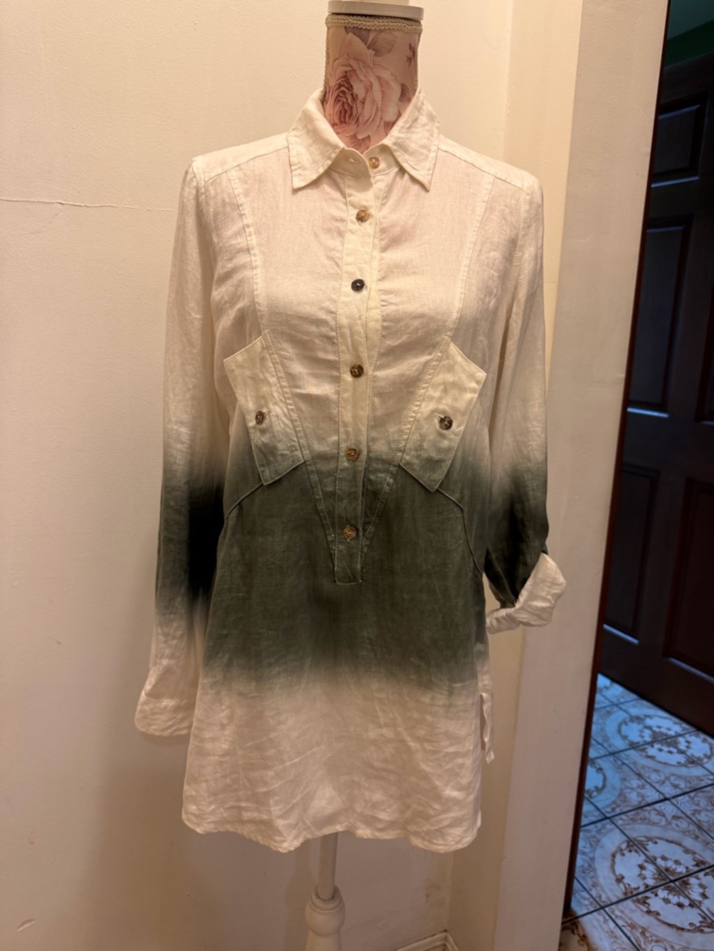 Linen White to Olive Green Ombre Button-Down Tunic